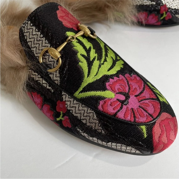 Gucci Princetown Brocade Fur Trim Floral Mule Size 36 Black Anthracite Loafers - Picture 9 of 9